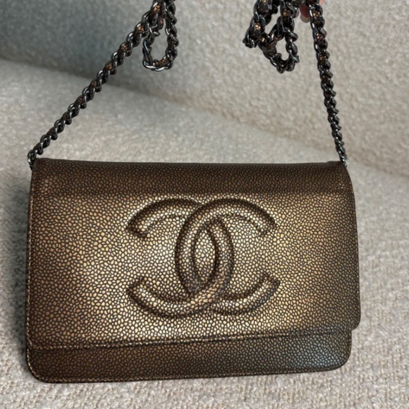Authentic Chanel Gold Bronze Metallic Caviar Timeless Wallet on Chain Double CC - Picture 10 of 13
